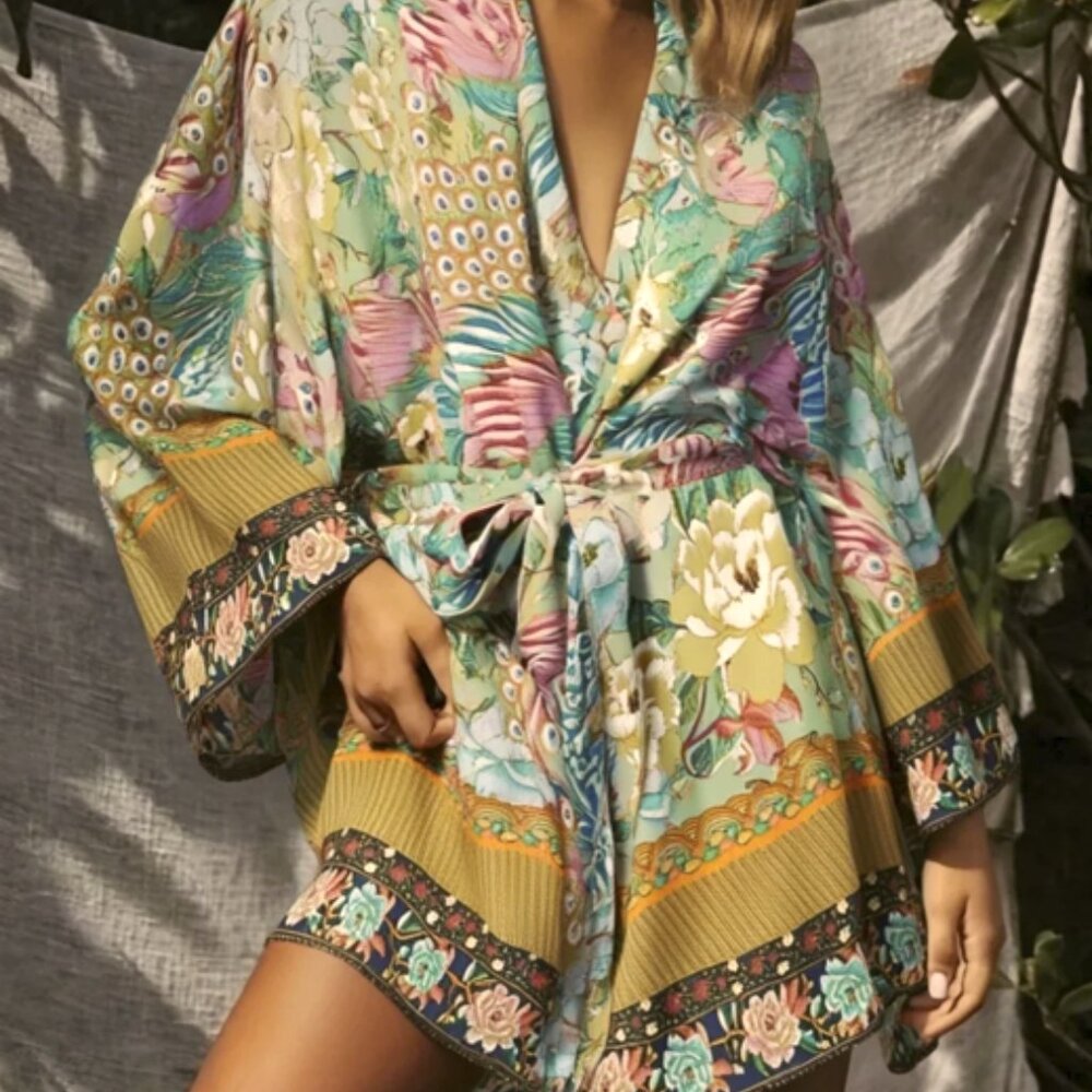 Jade Peacock Floral Boho Kimono Robe, Beach Coverup, Kimono Cardigan